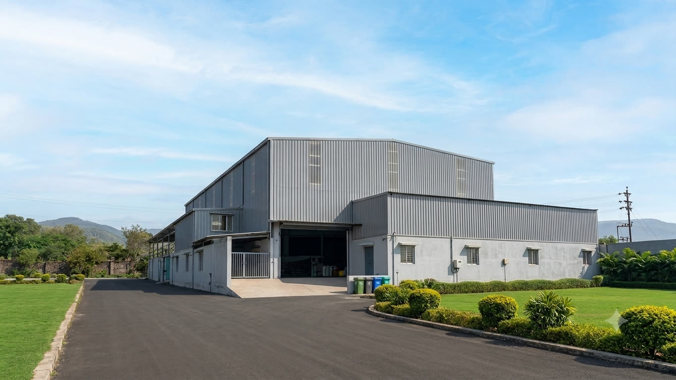 The Bhagyashree Industries factory — a grey-clad shed with its shutter open onto the yard, lawn and hills behind