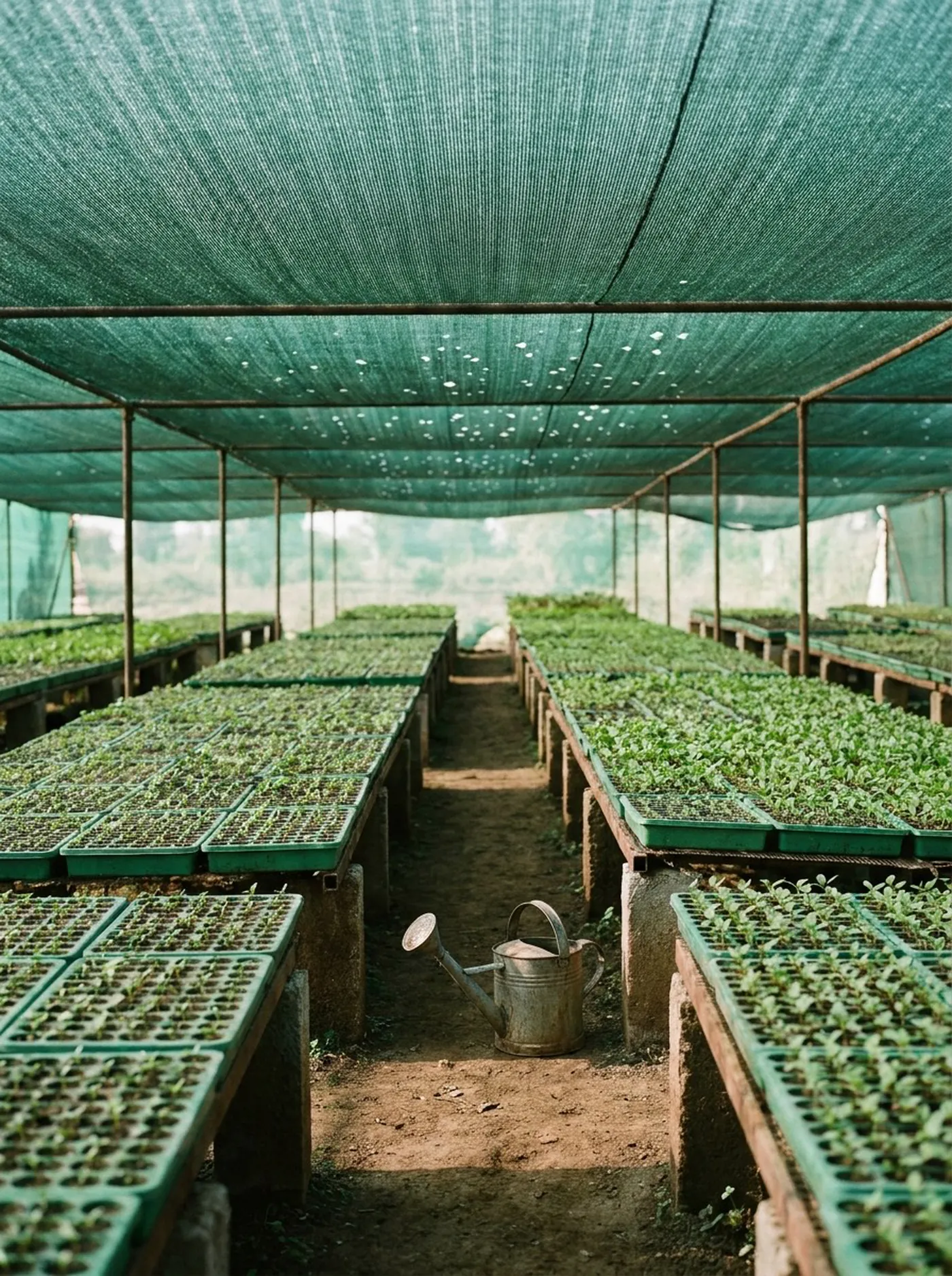 Seedling trays in a nursery under shade net