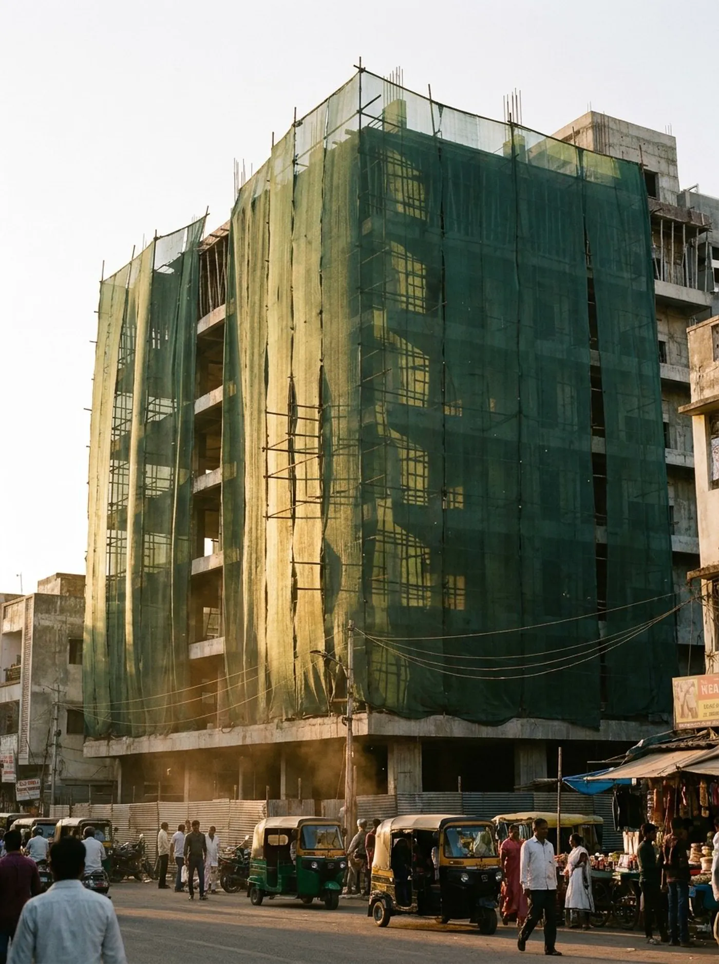 A building under construction wrapped in shade net