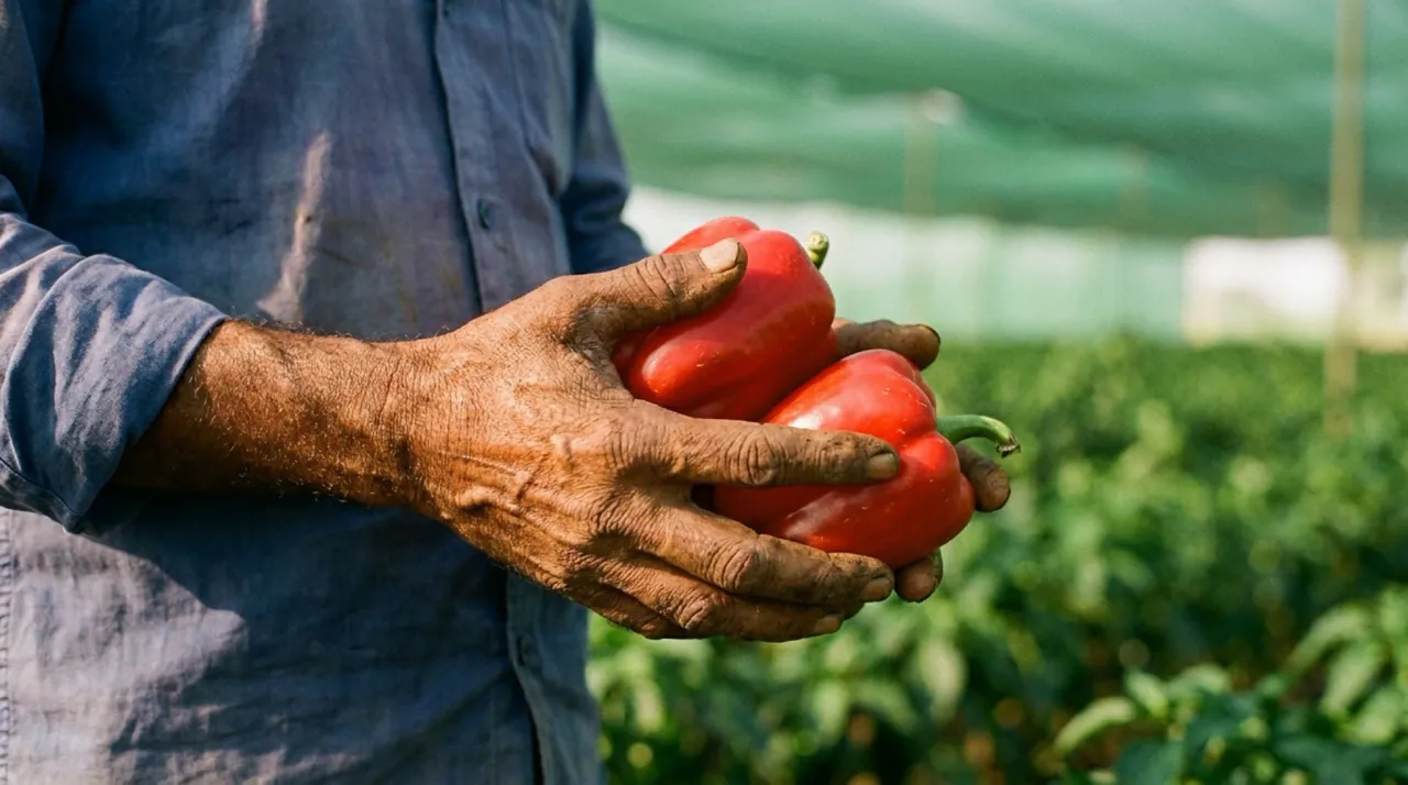 A farmer's weathered hands holding freshly picked red capsicum in dappled light